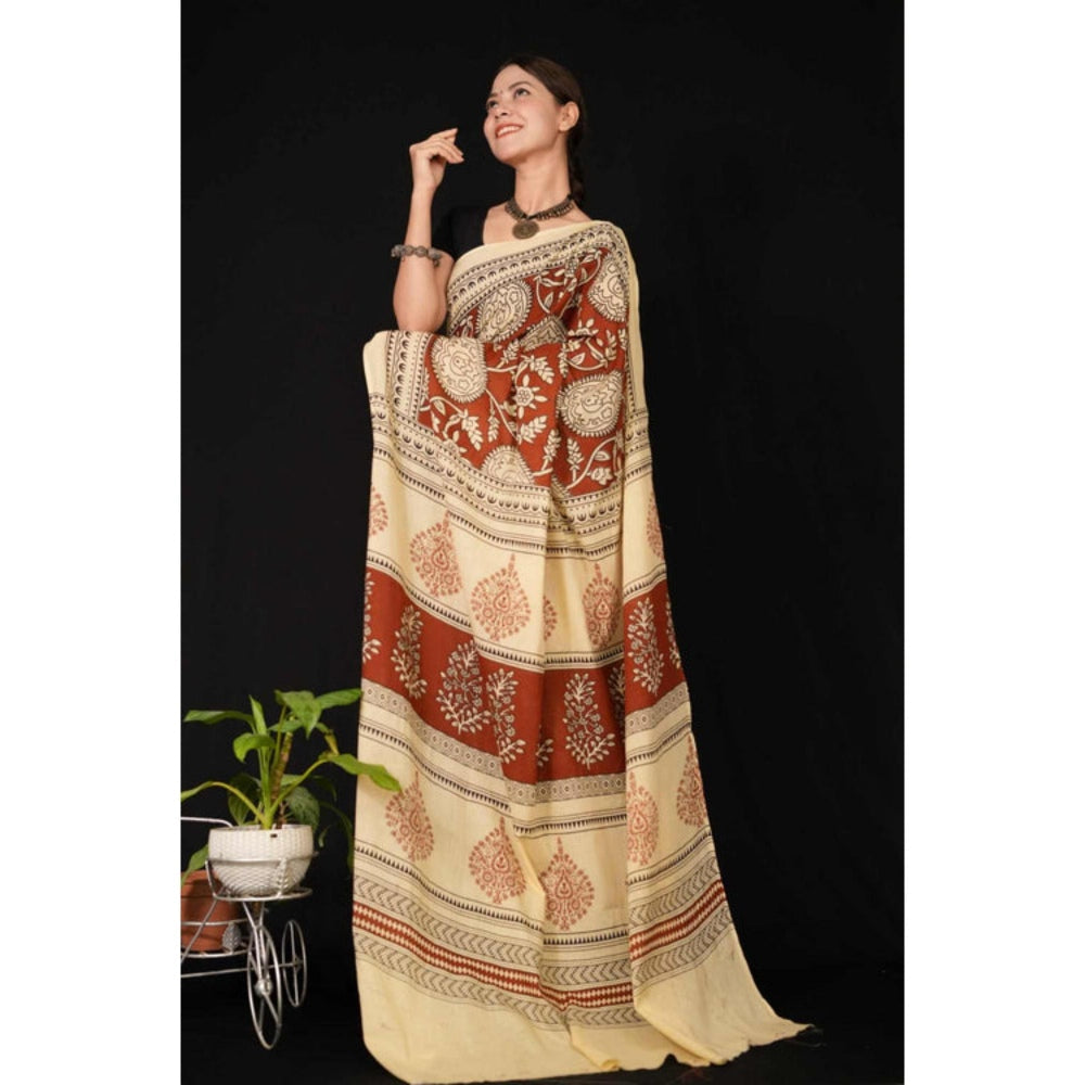 Isadora Life Womens Block Print Maroon Pre-Draped Saree With Unstitched Blouse