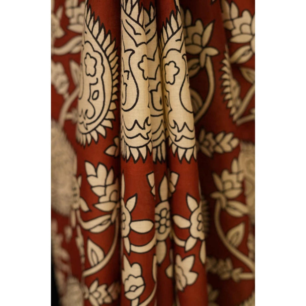 Isadora Life Womens Block Print Maroon Pre-Draped Saree With Unstitched Blouse