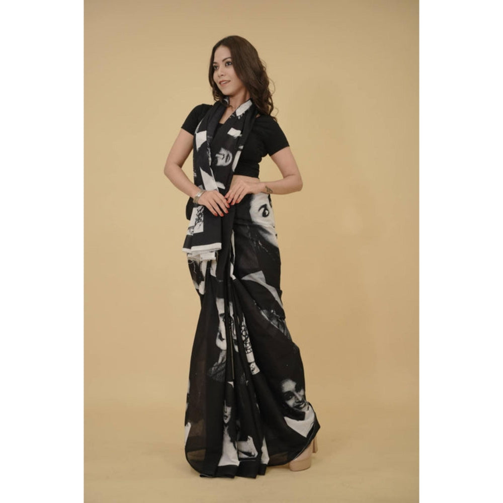 Isadora Life Womens Printed Black Pre-Draped Saree With Unstitched Blouse