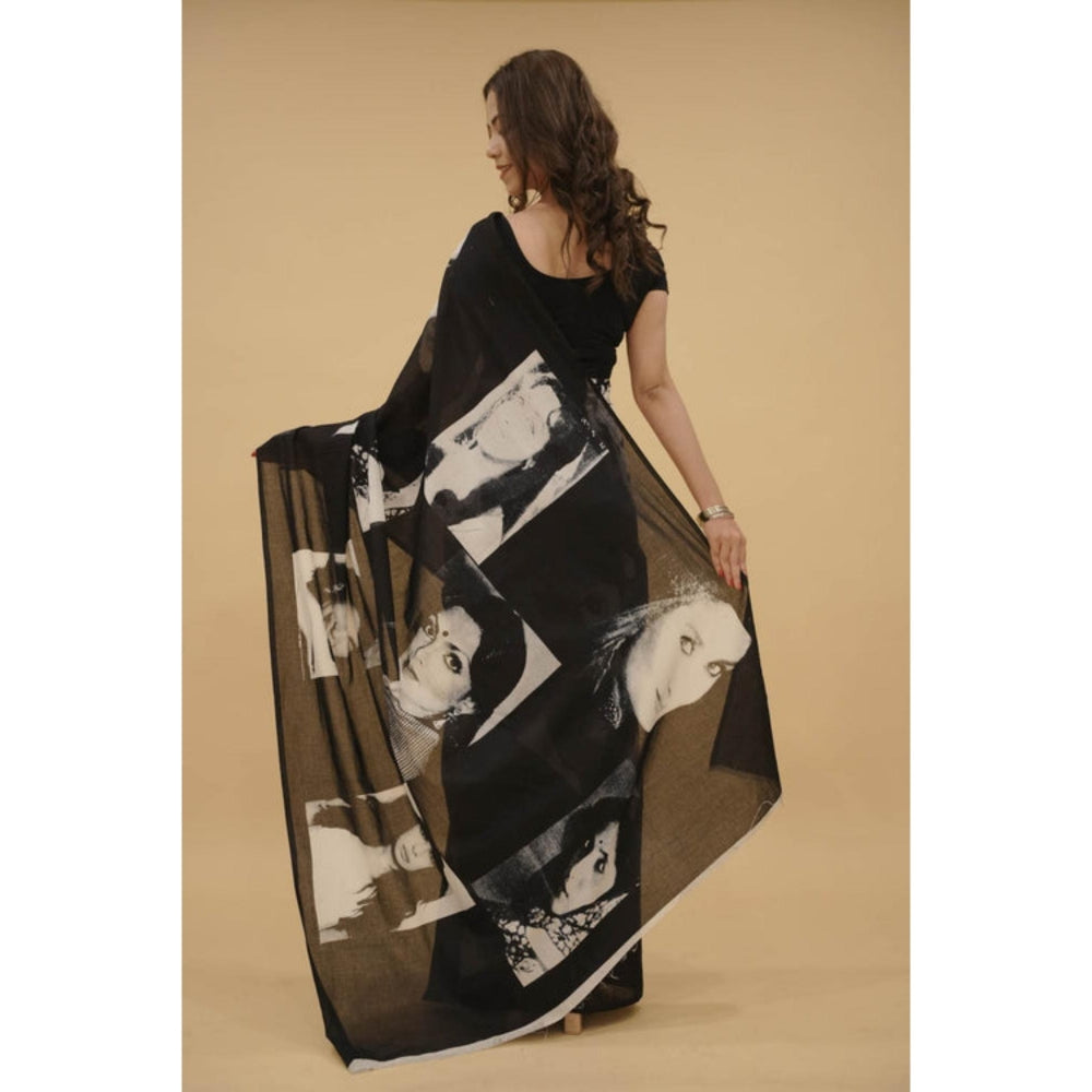 Isadora Life Womens Printed Black Pre-Draped Saree With Unstitched Blouse