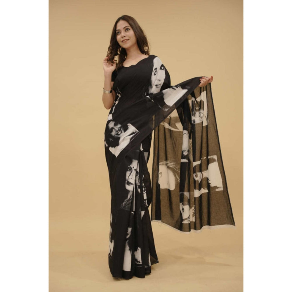 Isadora Life Womens Printed Black Pre-Draped Saree With Unstitched Blouse