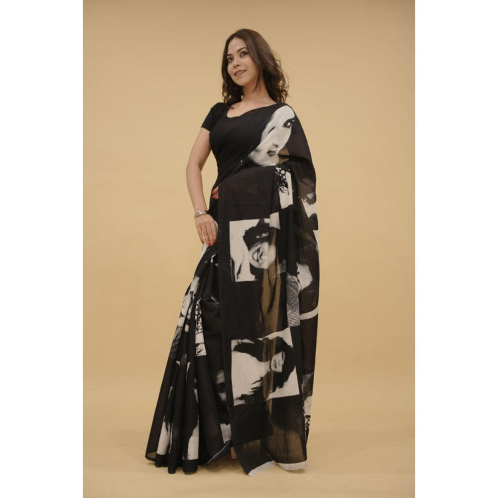 Isadora Life Womens Printed Black Pre-Draped Saree With Unstitched Blouse