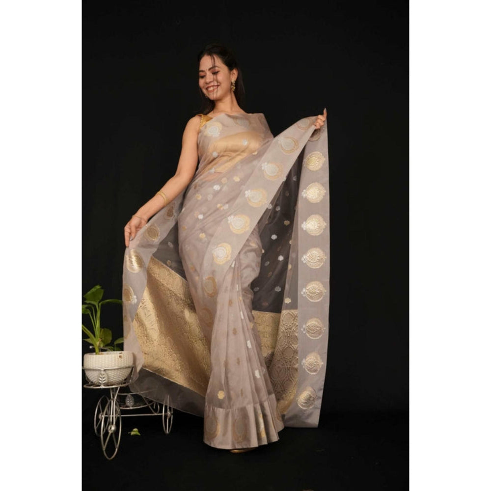 Isadora Life Womens Woven Zari Beige Pre-Draped Saree With Unstitched Blouse