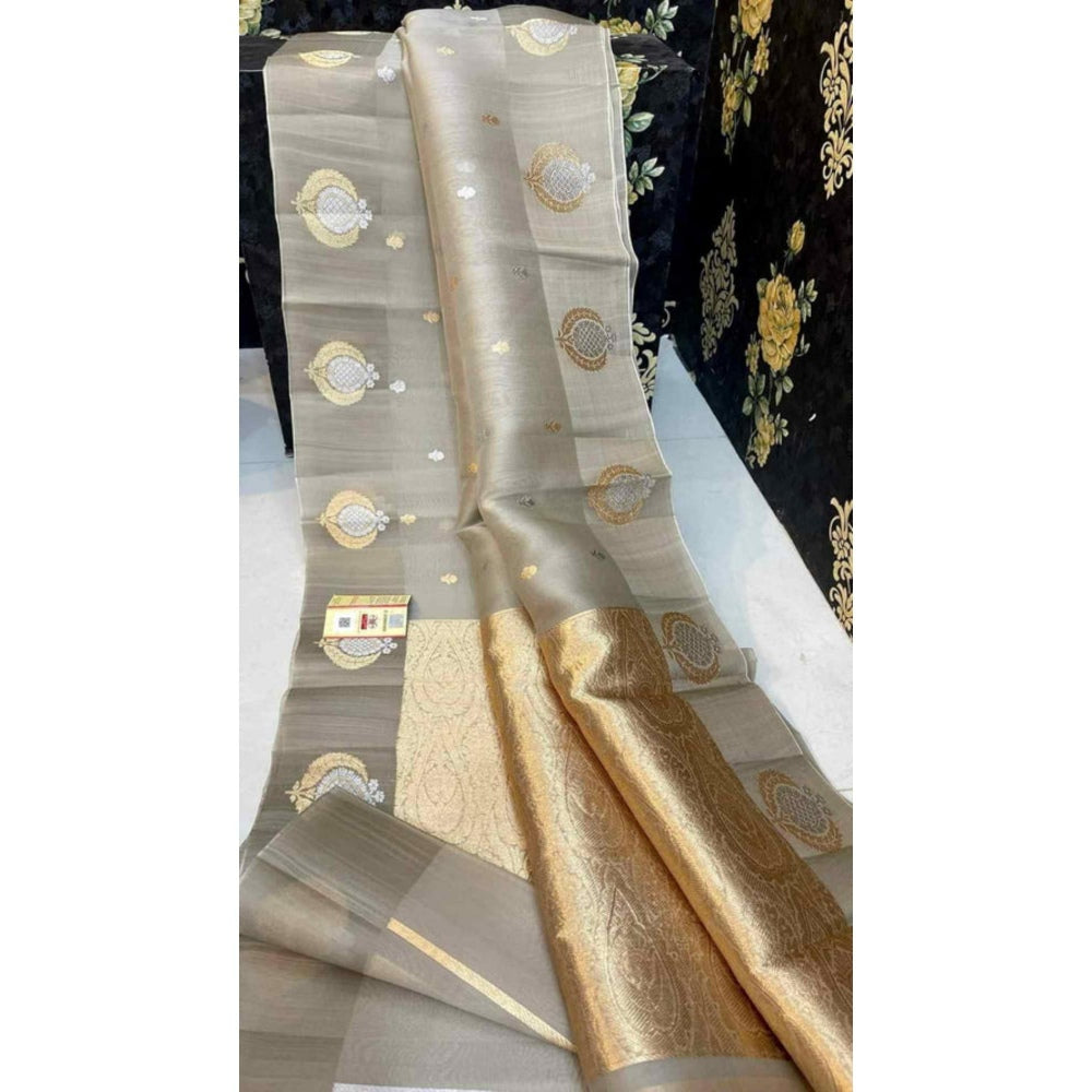 Isadora Life Womens Woven Zari Beige Pre-Draped Saree With Unstitched Blouse