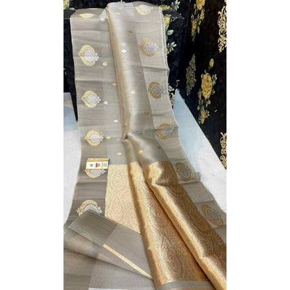 Isadora Life Womens Woven Zari Beige Pre-Draped Saree With Unstitched Blouse