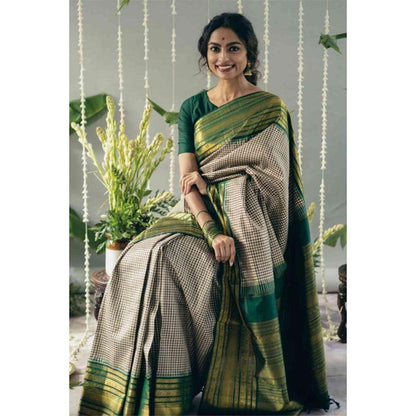 Isadora Life Womens Checks Zari Green Pre-Draped Saree With Unstitched Blouse