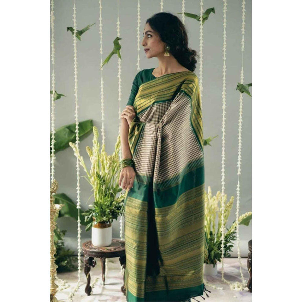 Isadora Life Womens Checks Zari Green Pre-Draped Saree With Unstitched Blouse