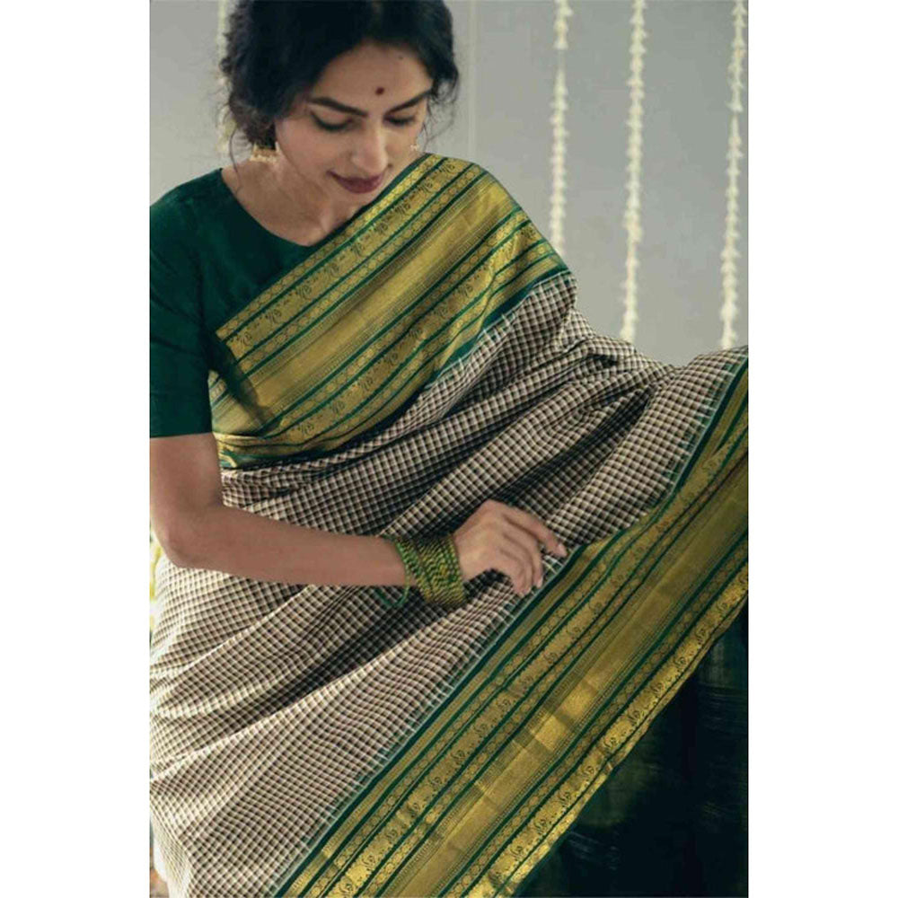 Isadora Life Womens Checks Zari Green Pre-Draped Saree With Unstitched Blouse