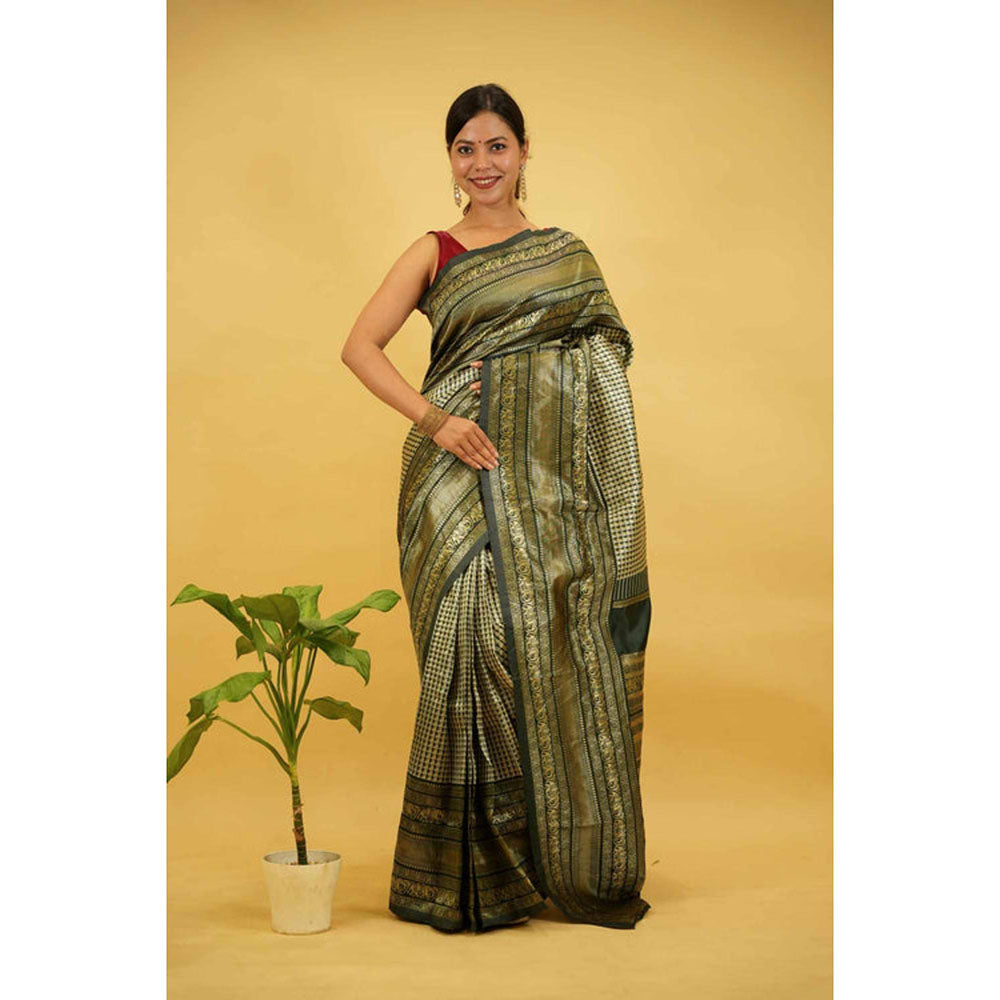 Isadora Life Womens Checks Zari Green Pre-Draped Saree With Unstitched Blouse