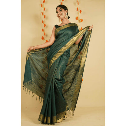 Isadora Life Womens Stripes Zari Green Pre-Draped Saree With Unstitched Blouse