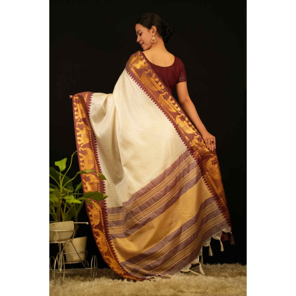 Isadora Life Womens Checks Zari Ivory Pre-Draped Saree With Unstitched Blouse