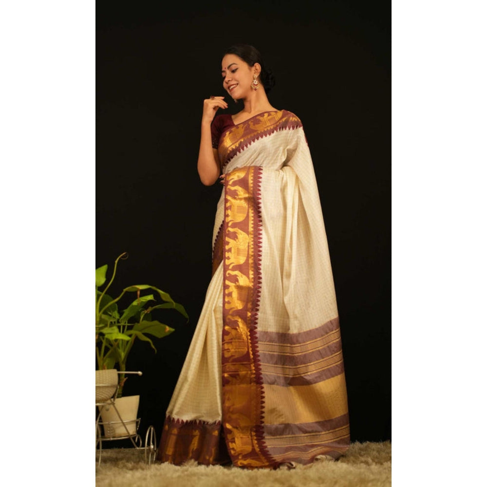 Isadora Life Womens Checks Zari Ivory Pre-Draped Saree With Unstitched Blouse