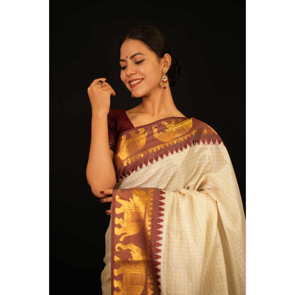 Isadora Life Womens Checks Zari Ivory Pre-Draped Saree With Unstitched Blouse