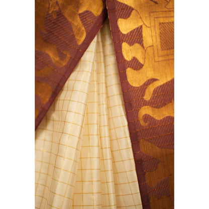 Isadora Life Womens Checks Zari Ivory Pre-Draped Saree With Unstitched Blouse