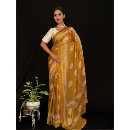 Isadora Life Womens Block Print Mustard Pre-Draped Saree With Unstitched Blouse