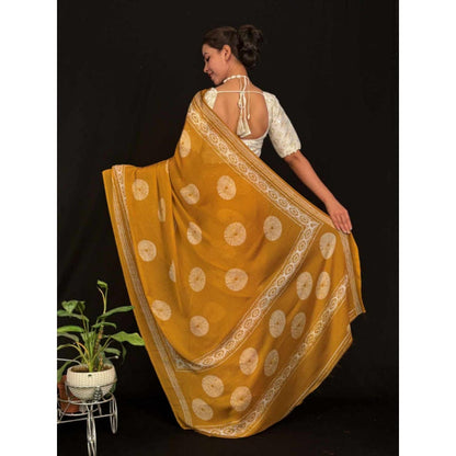 Isadora Life Womens Block Print Mustard Pre-Draped Saree With Unstitched Blouse