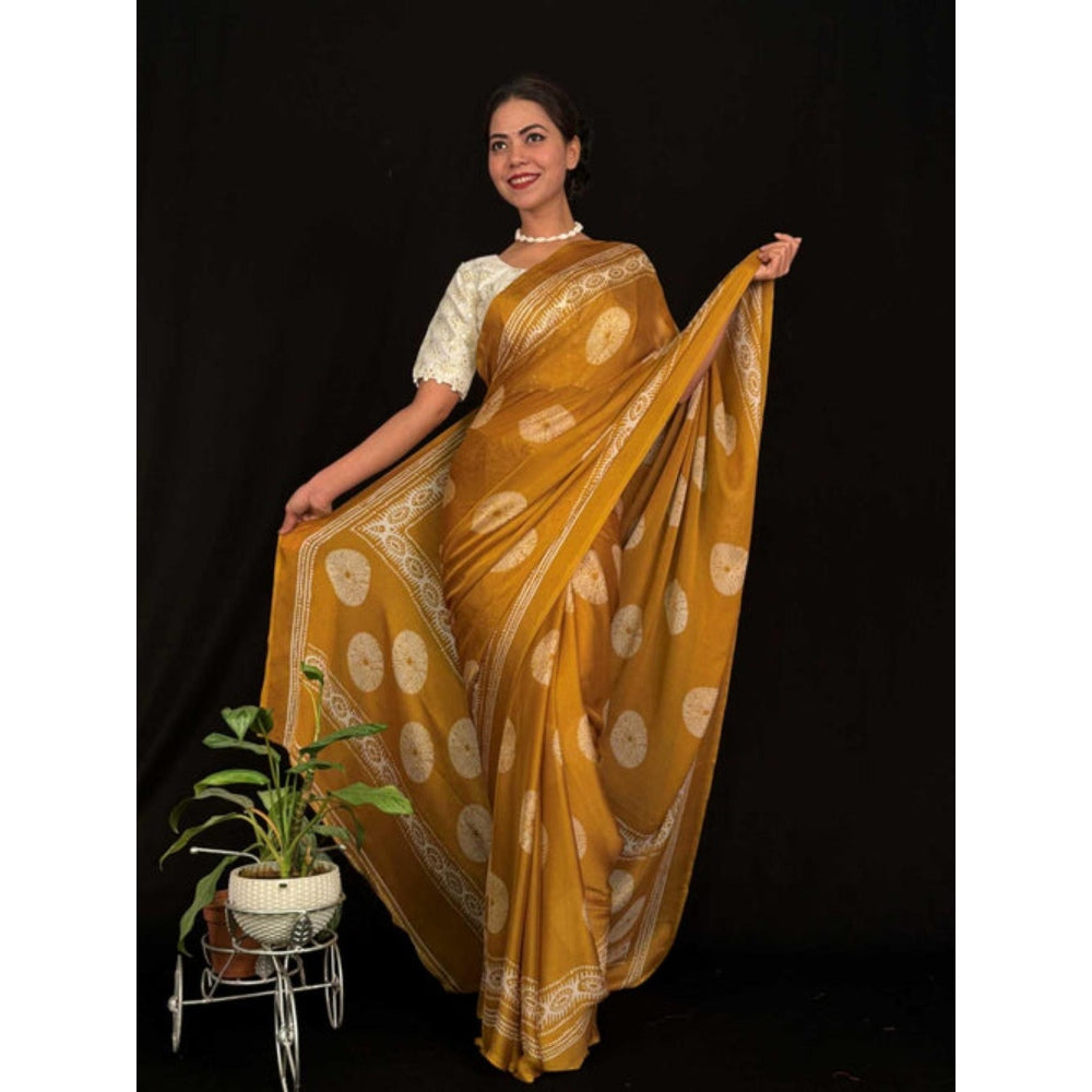 Isadora Life Womens Block Print Mustard Pre-Draped Saree With Unstitched Blouse
