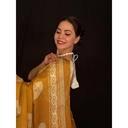 Isadora Life Womens Block Print Mustard Pre-Draped Saree With Unstitched Blouse
