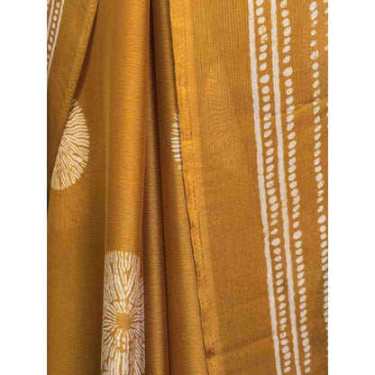 Isadora Life Womens Block Print Mustard Pre-Draped Saree With Unstitched Blouse