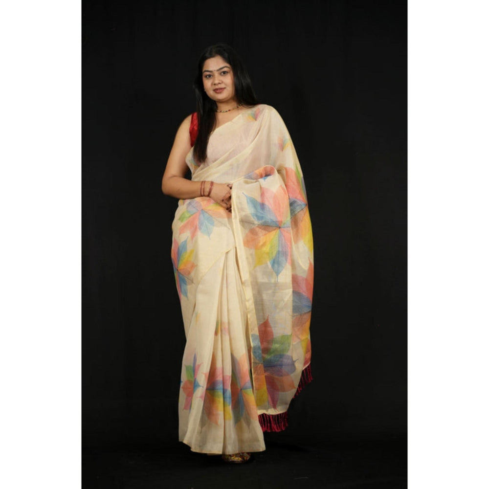 Isadora Life Womens Printed Beige Pre-Draped Saree With Unstitched Blouse