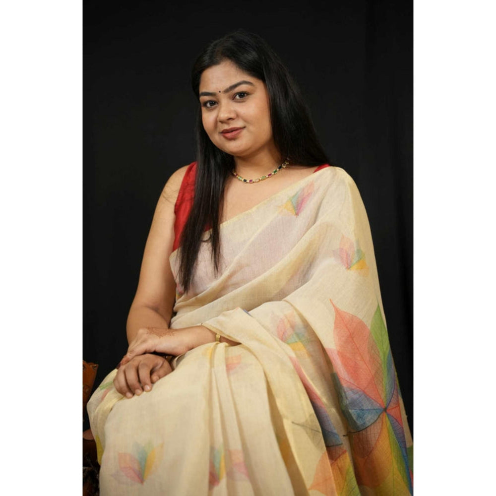 Isadora Life Womens Printed Beige Pre-Draped Saree With Unstitched Blouse