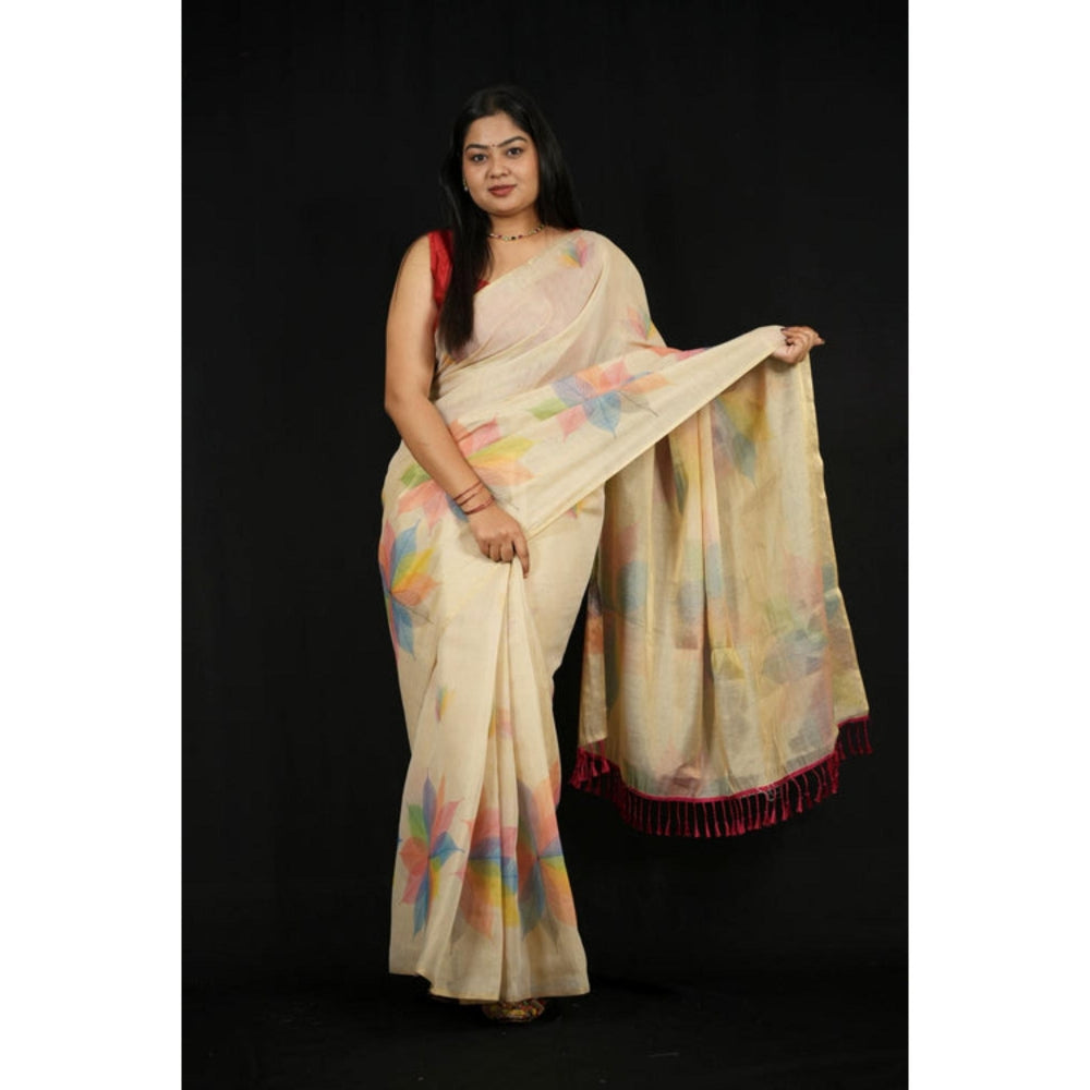 Isadora Life Womens Printed Beige Pre-Draped Saree With Unstitched Blouse