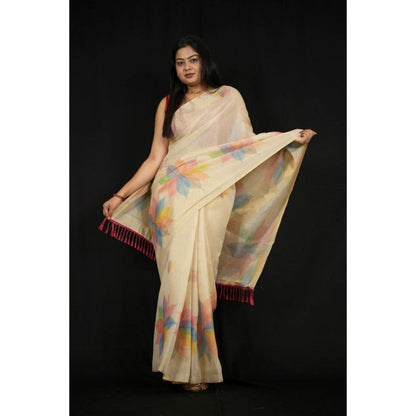 Isadora Life Womens Printed Beige Pre-Draped Saree With Unstitched Blouse