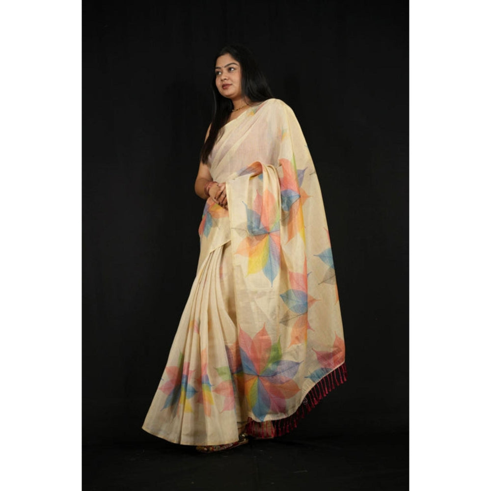 Isadora Life Womens Printed Beige Pre-Draped Saree With Unstitched Blouse