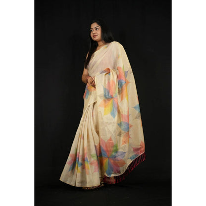 Isadora Life Womens Printed Beige Pre-Draped Saree With Unstitched Blouse