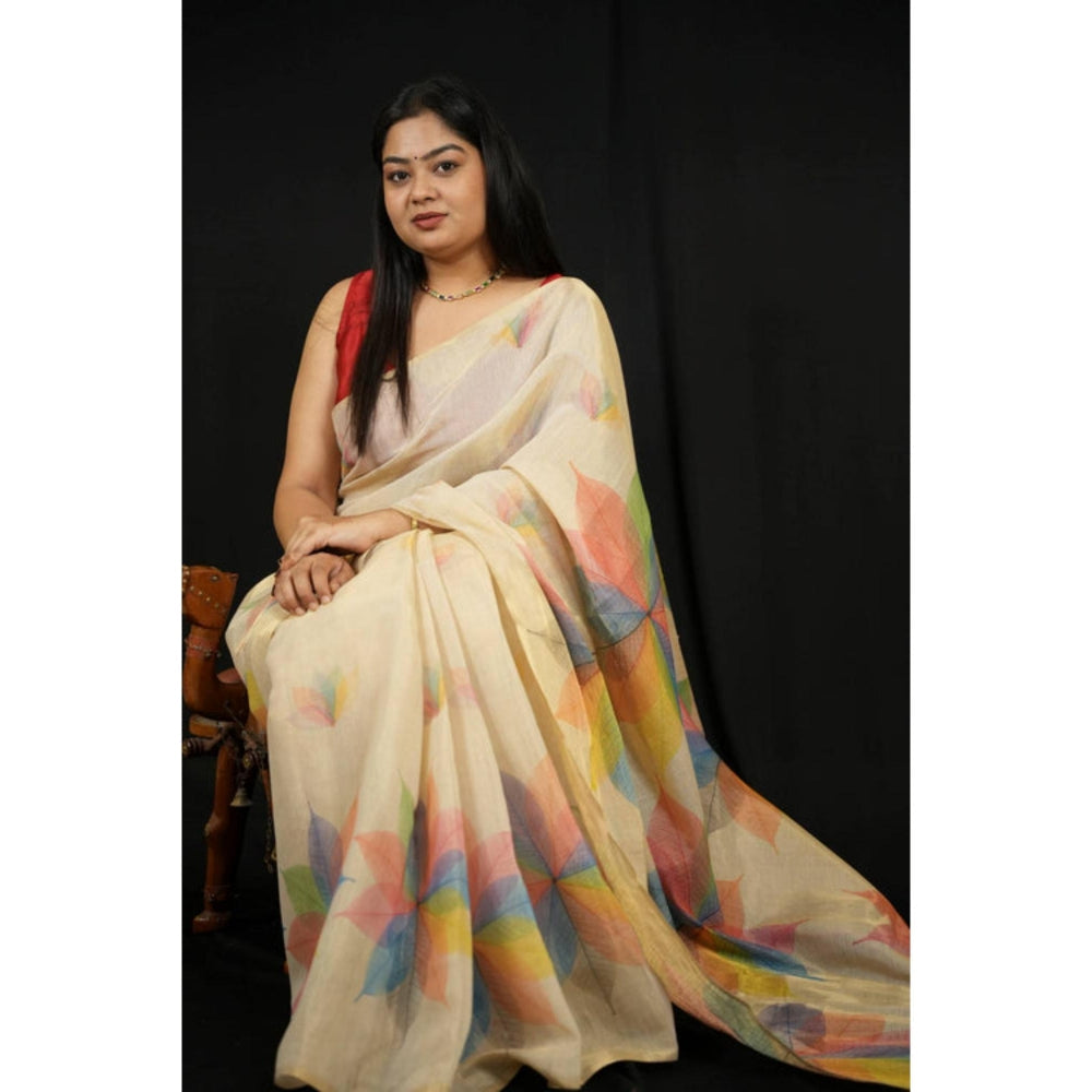 Isadora Life Womens Printed Beige Pre-Draped Saree With Unstitched Blouse
