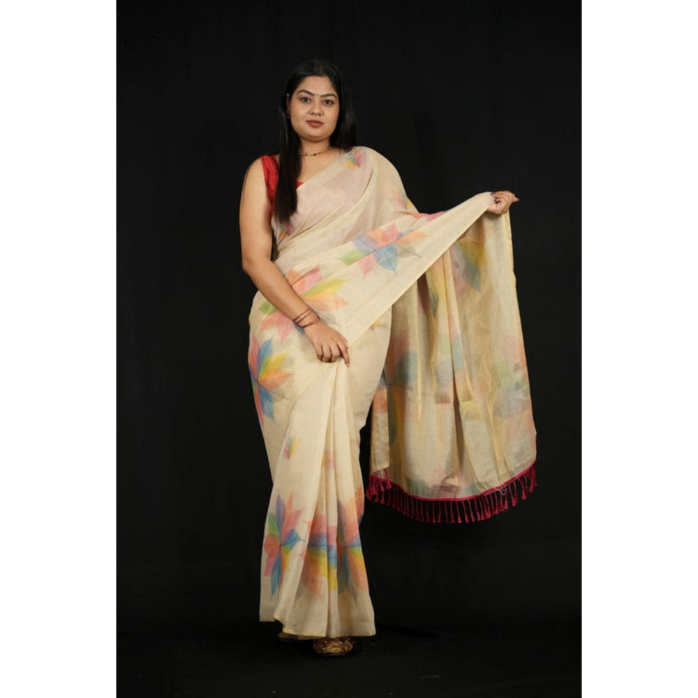 Isadora Life Womens Printed Beige Pre-Draped Saree With Unstitched Blouse