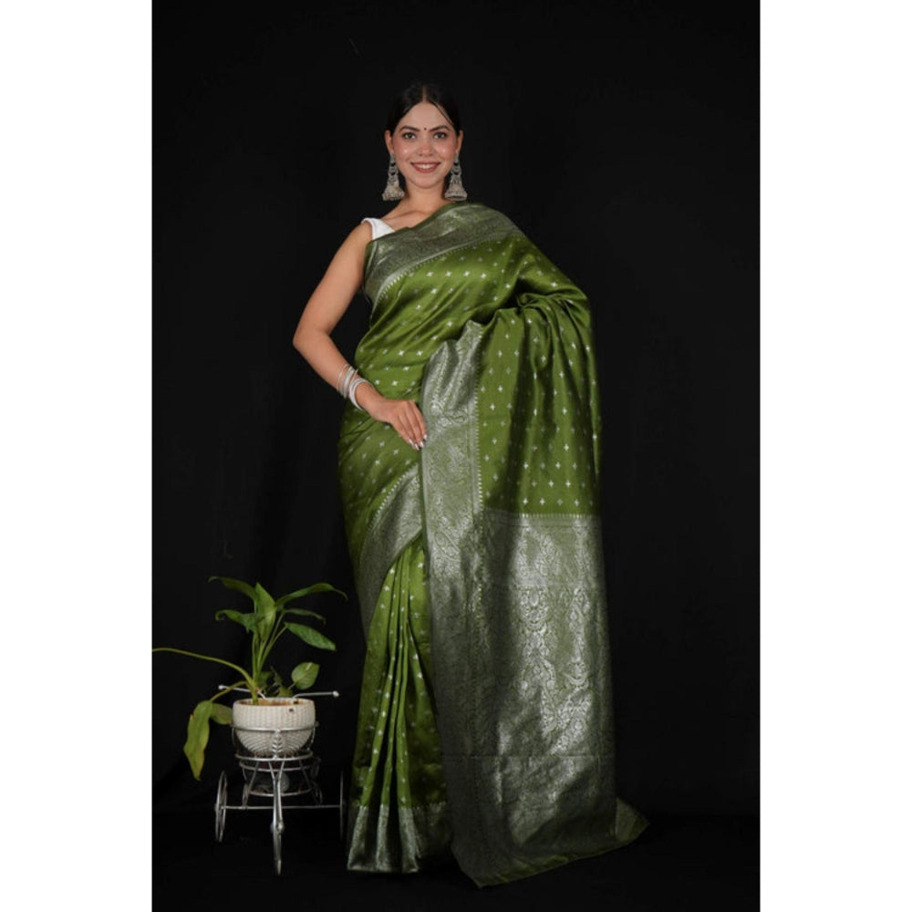 Isadora Life Womens Woven Zari Green Pre-Draped Saree With Unstitched Blouse