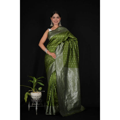 Isadora Life Womens Woven Zari Green Pre-Draped Saree With Unstitched Blouse