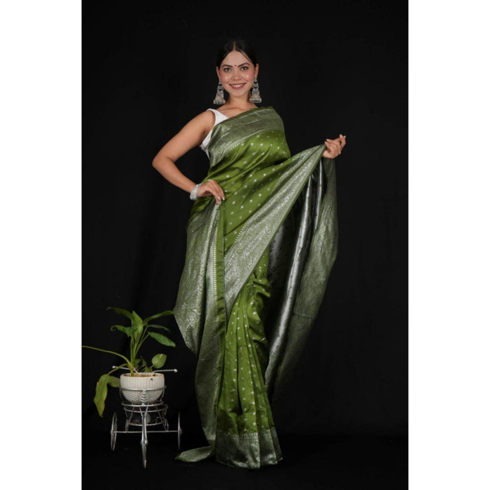 Isadora Life Womens Woven Zari Green Pre-Draped Saree With Unstitched Blouse