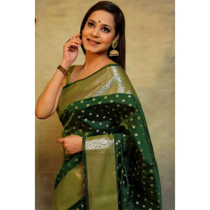 Isadora Life Womens Woven Zari Green Pre-Draped Saree With Unstitched Blouse