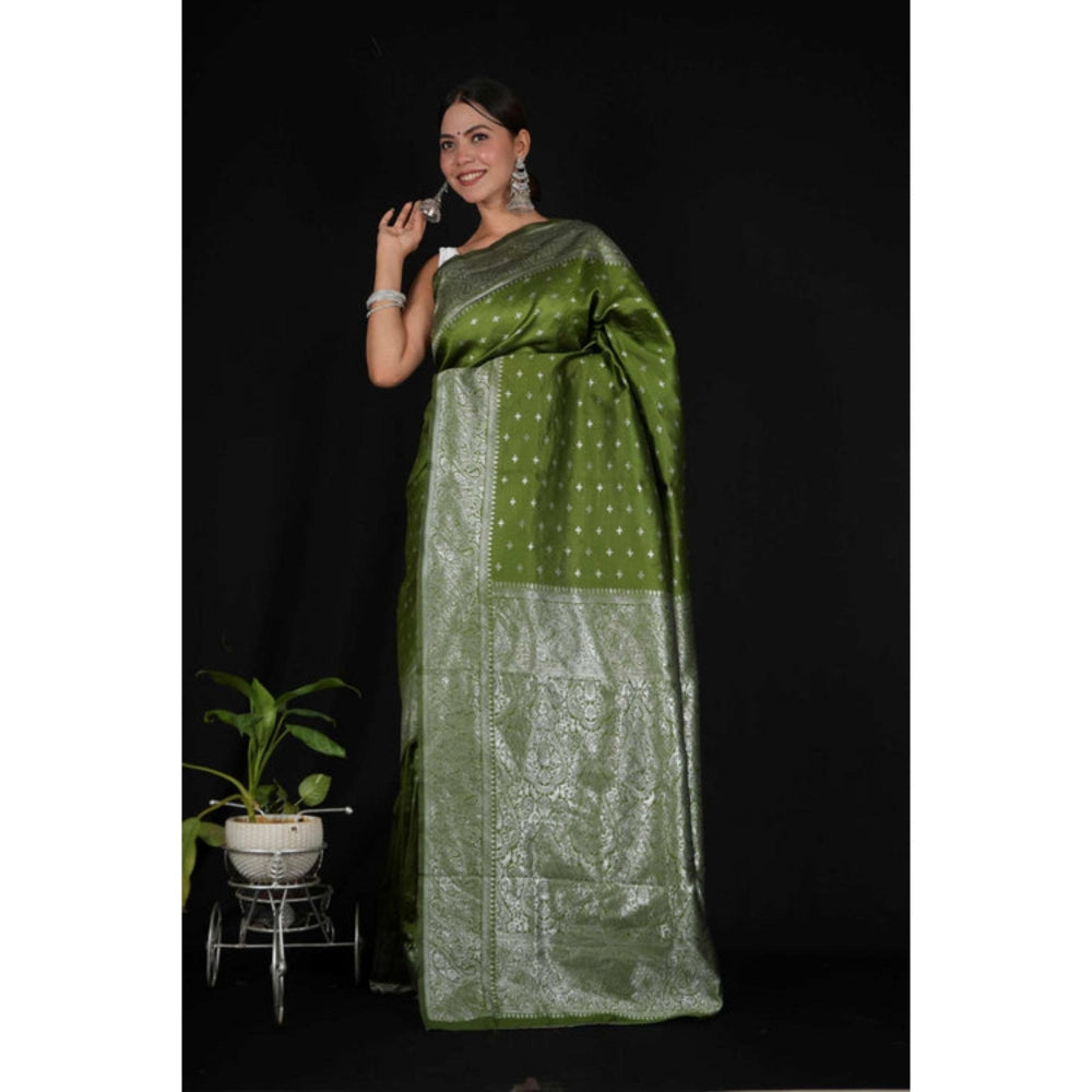 Isadora Life Womens Woven Zari Green Pre-Draped Saree With Unstitched Blouse