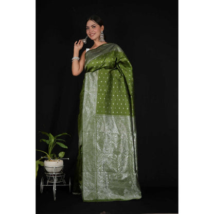 Isadora Life Womens Woven Zari Green Pre-Draped Saree With Unstitched Blouse