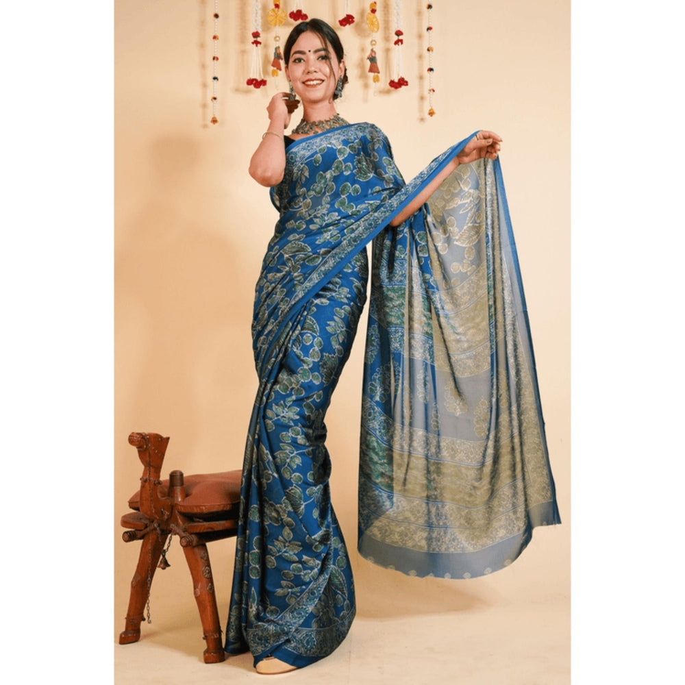 Isadora Life Womens Floral Printed Blue Pre-Draped Saree With Unstitched Blouse