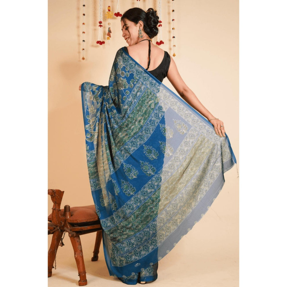 Isadora Life Womens Floral Printed Blue Pre-Draped Saree With Unstitched Blouse
