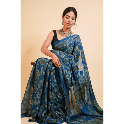 Isadora Life Womens Floral Printed Blue Pre-Draped Saree With Unstitched Blouse