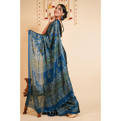 Isadora Life Womens Floral Printed Blue Pre-Draped Saree With Unstitched Blouse