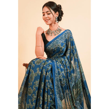 Isadora Life Womens Floral Printed Blue Pre-Draped Saree With Unstitched Blouse