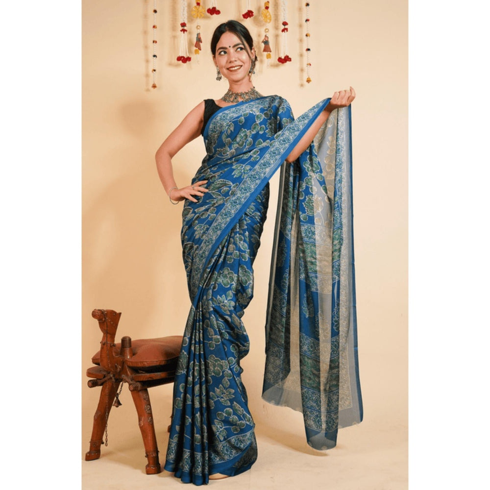 Isadora Life Womens Floral Printed Blue Pre-Draped Saree With Unstitched Blouse