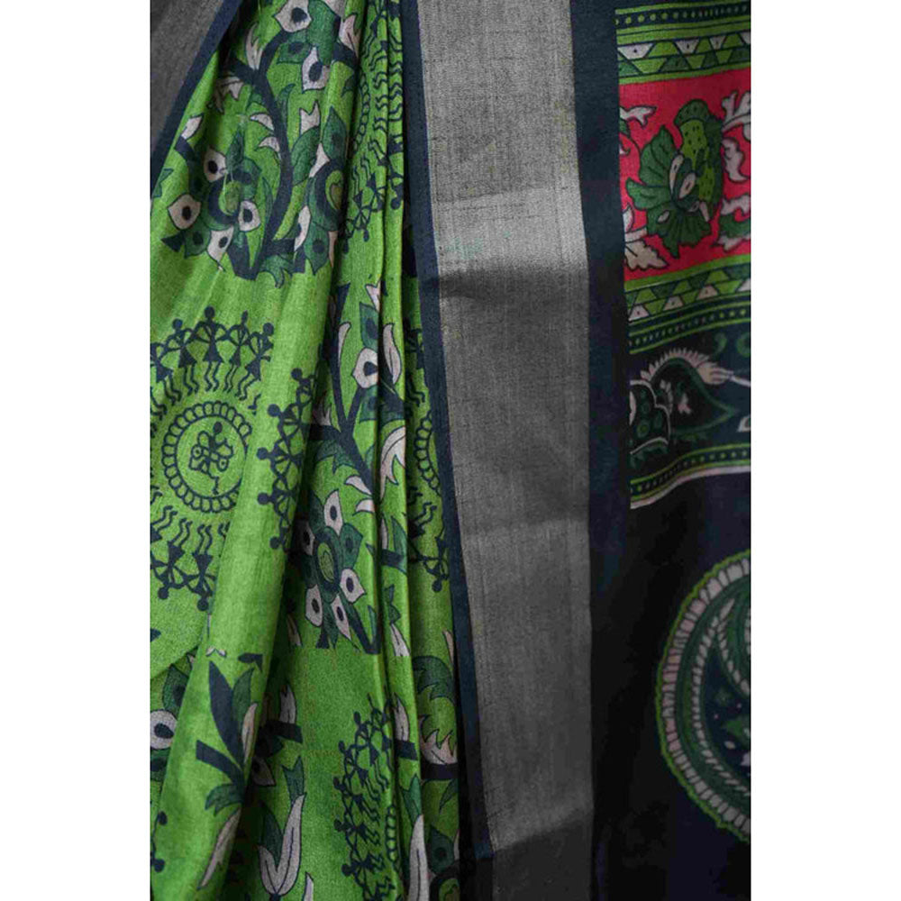 Isadora Life Womens Printed Green Pre-Draped Saree With Unstitched Blouse