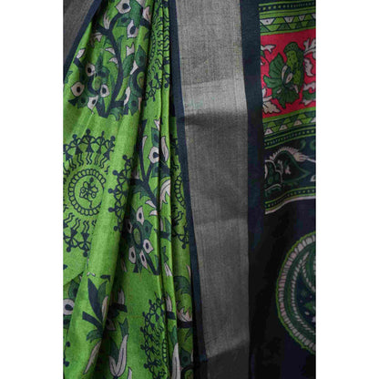 Isadora Life Womens Printed Green Pre-Draped Saree With Unstitched Blouse