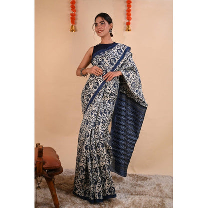 Isadora Life Womens Printed Indigo Pre-Draped Saree With Unstitched Blouse