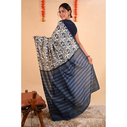 Isadora Life Womens Printed Indigo Pre-Draped Saree With Unstitched Blouse