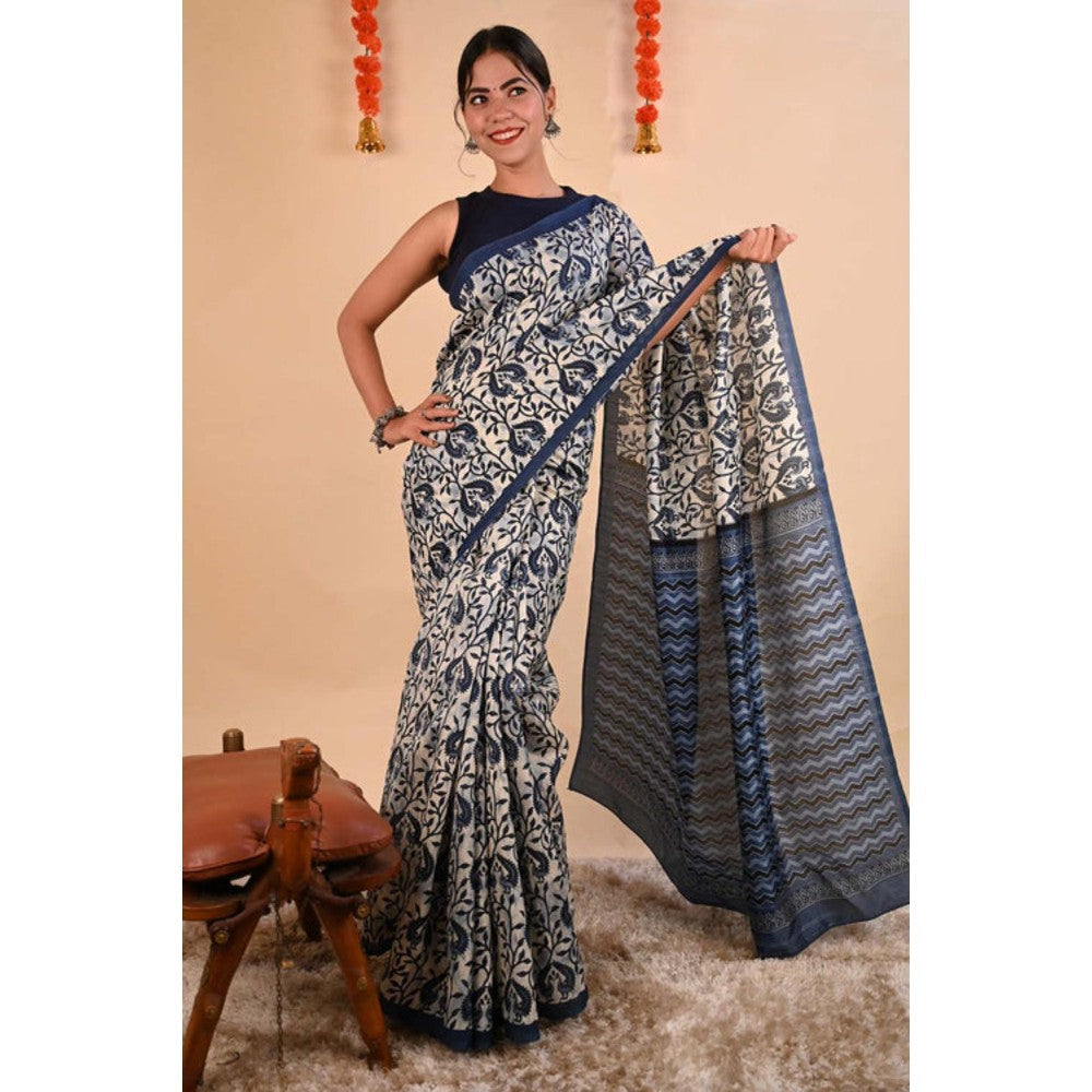 Isadora Life Womens Printed Indigo Pre-Draped Saree With Unstitched Blouse