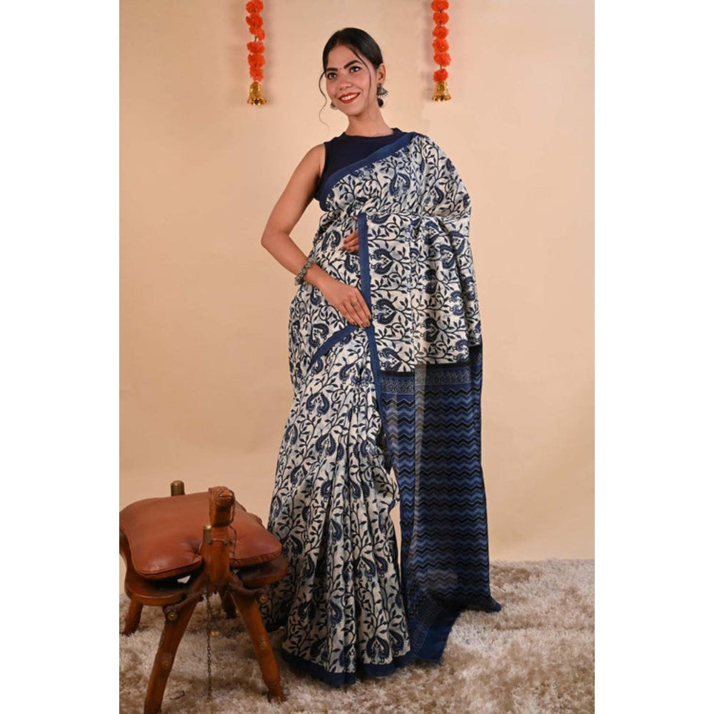 Isadora Life Womens Printed Indigo Pre-Draped Saree With Unstitched Blouse