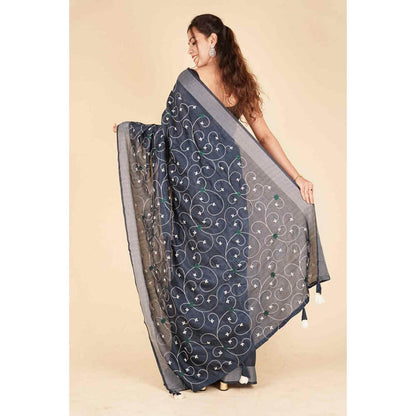Isadora Life Womens Embroidered Thread Work Grey Pre-Draped Saree With Unstitched Blouse